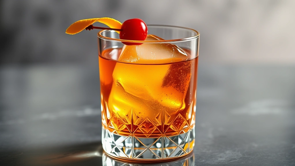 Finished Old Fashioned cocktail in crystal rocks glass with large ice cube, orange peel twist expressed above the drink, cherry garnish, amber liquid catching light, elegant presentation