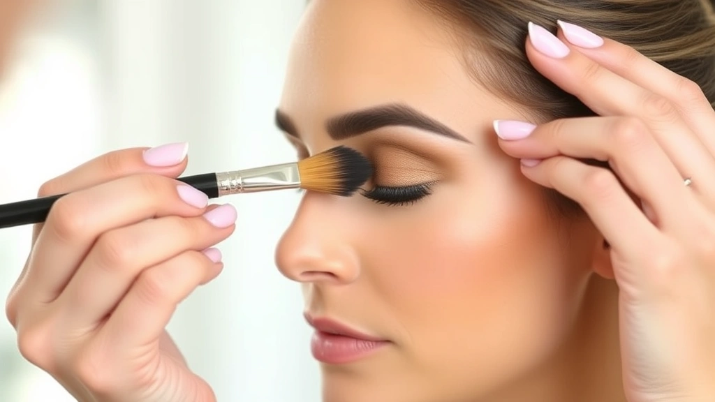Professional makeup artist applying warm bronze eyeshadow with blending brush to eyelid, showing detailed color application and blending technique in natural lighting