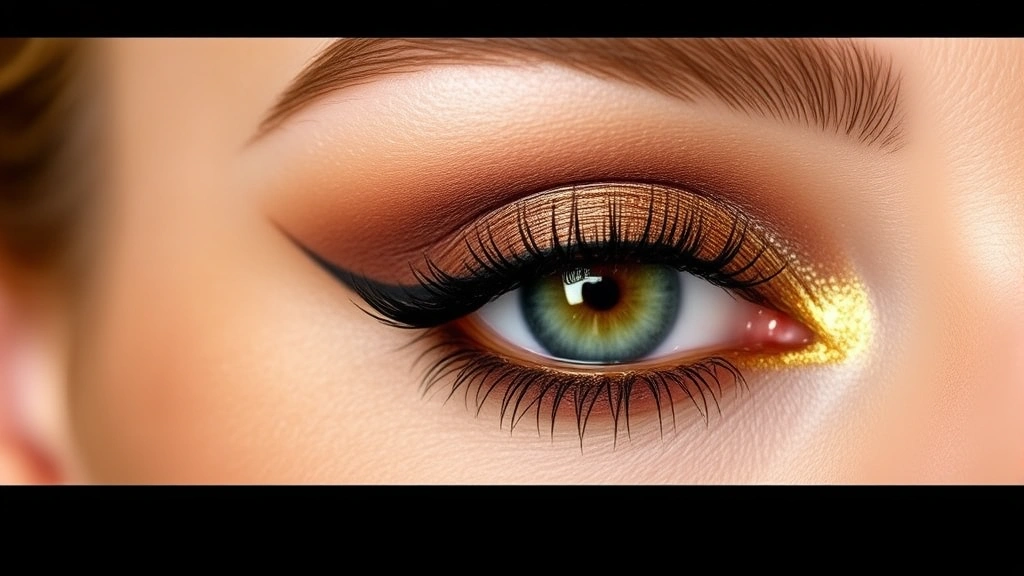 Completed bourbon-inspired eye makeup featuring layered bronze and gold tones with defined crease and warm shimmer, close-up detail of eye