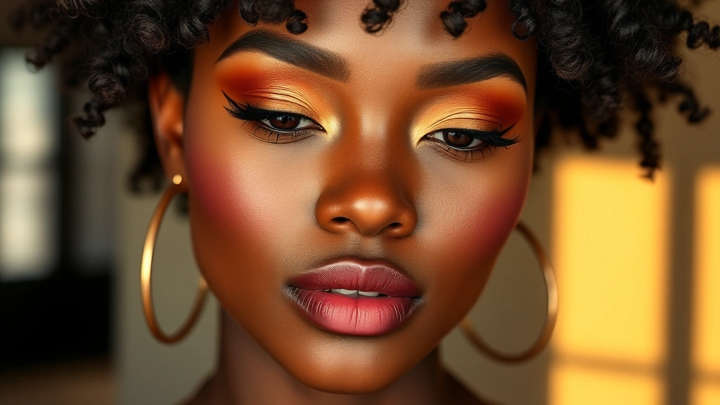 Full face bourbon aesthetic makeup including warm bronze eyeshadow, mahogany wine lips, peachy-bronze blush, and glowing complexion on diverse model