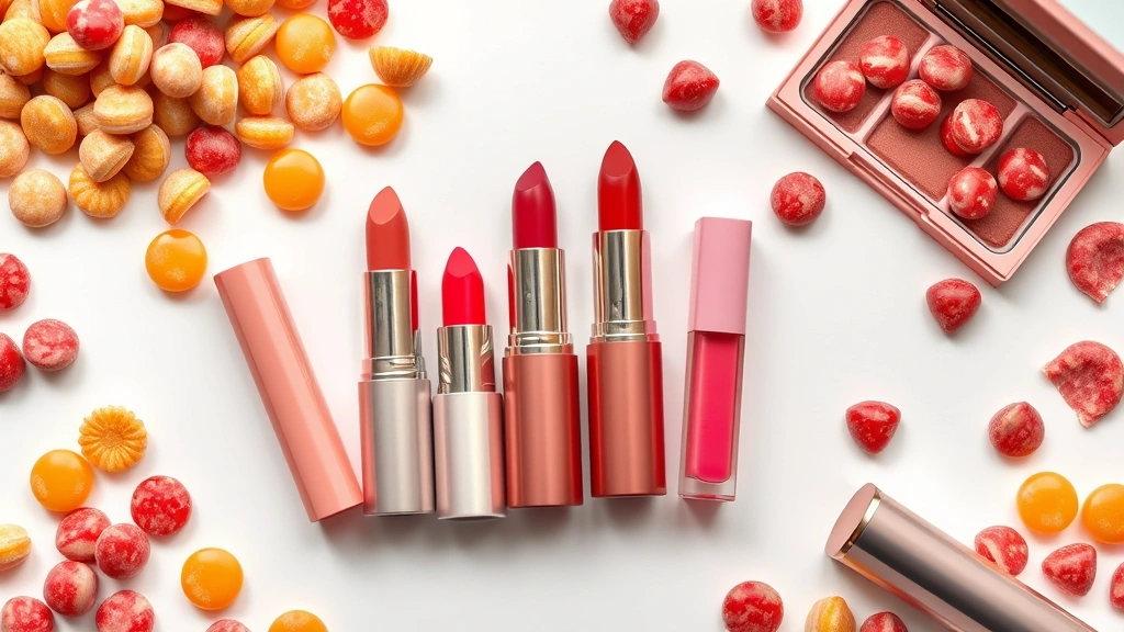 Flatlay arrangement of candy-inspired lipsticks in vintage-style packaging, surrounded by actual old fashioned candies like cherry drops, butterscotch discs, and taffy, showing color coordination between cosmetics and confections, warm natural lighting
