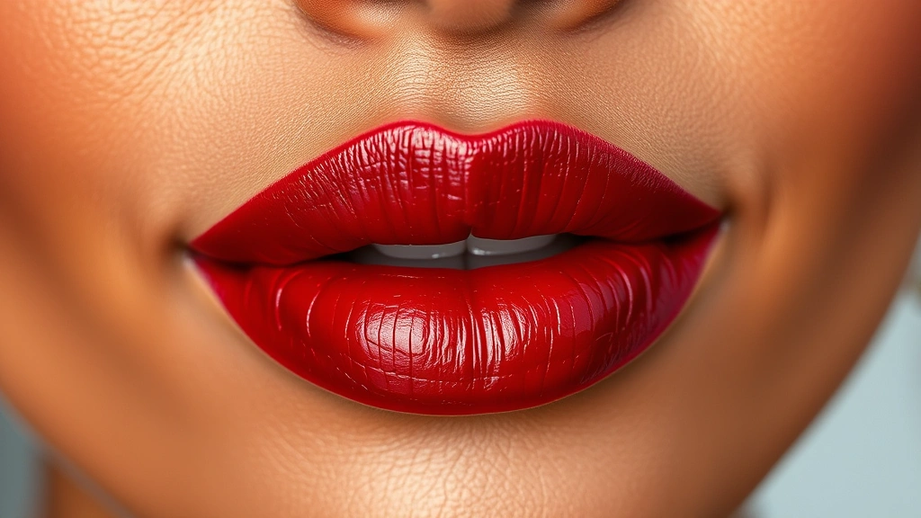 Close-up of expertly applied cherry red lipstick with precise lip liner on warm-toned medium skin, showing rich burgundy undertones and glossy finish, professional makeup photography