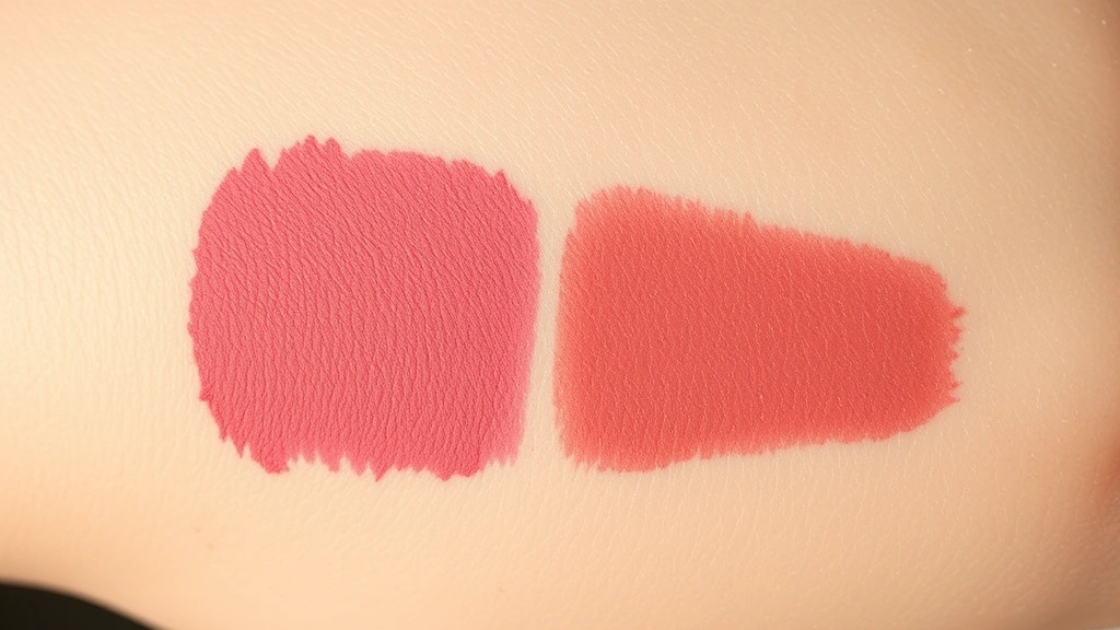 Overhead view of burgundy and cherry-toned cream blush swatches blended on fair skin, displaying warm undertones and natural flush effect with soft lighting
