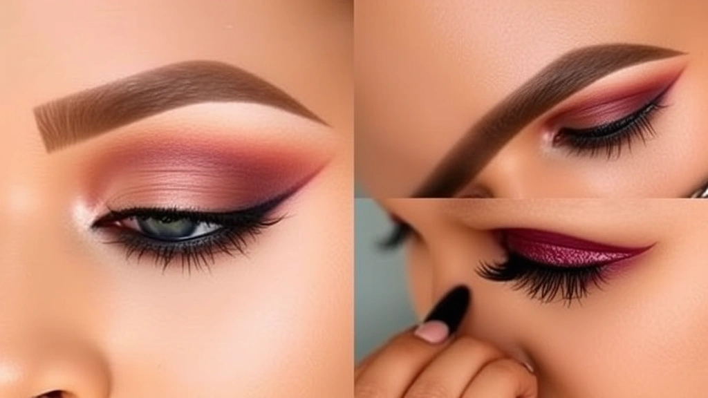 Detailed eye makeup featuring warm taupe transition shade, deep plum crease color, and burgundy lid shade with winged eyeliner and volumized mascara on diverse skin tone