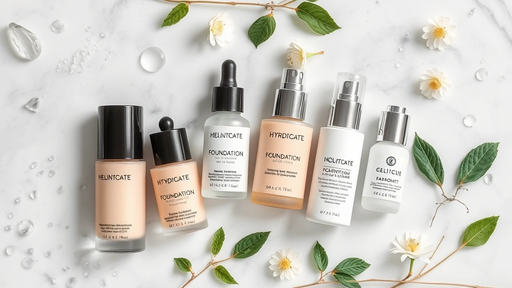 Flat lay arrangement of hydrating foundation bottles, hyaluronic acid serums, and moisturizing primers on marble surface with water droplets and fresh botanical elements