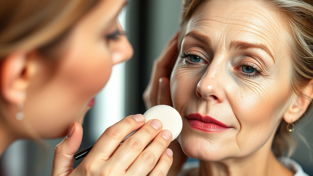 Professional makeup artist blending cream foundation on mature woman's face with visible dry patches, demonstrating layering technique with damp sponge for seamless coverage and luminous finish