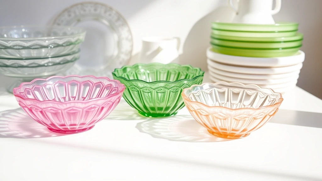 Close-up photograph of colorful Depression glass bowls and plates arranged on white surface, showing geometric patterns and vintage colors including pink, green, and clear glass with natural daylight reflection
