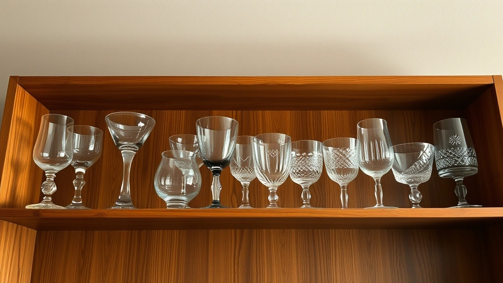 Overhead shot of elegant vintage stemware collection displayed on wooden shelf, featuring various heights and designs from mid-century era, with soft warm lighting highlighting glass details