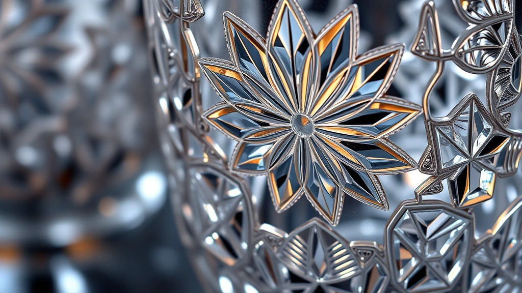 Detailed macro photograph of ornate hand-cut vintage glassware showing intricate patterns and light refraction, demonstrating craftsmanship of antique pieces with shallow depth of field
