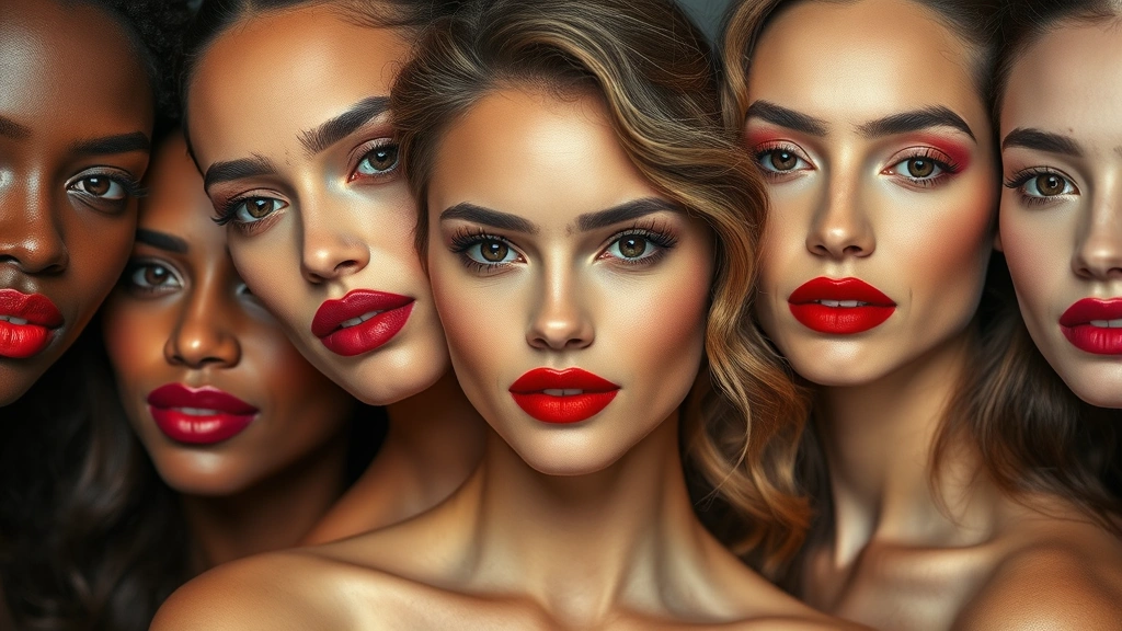 Diverse group of women displaying different red lipstick shades and finishes including matte and glossy, various skin tones, professional beauty lighting, editorial magazine style photography