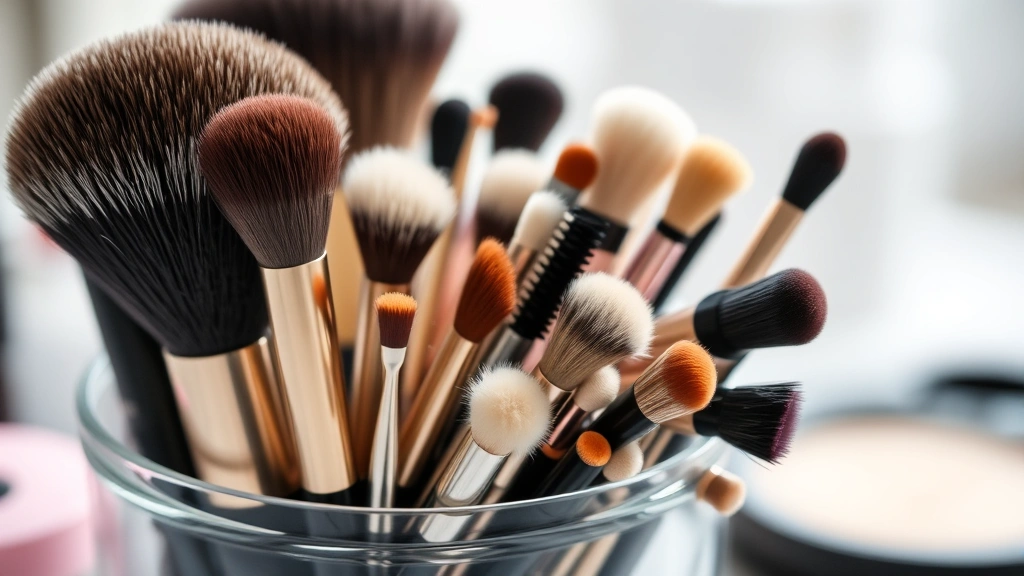 Close-up of organized makeup brushes in various sizes arranged in a clear glass holder, showing natural and synthetic bristles, soft diffused lighting, beauty workspace aesthetic