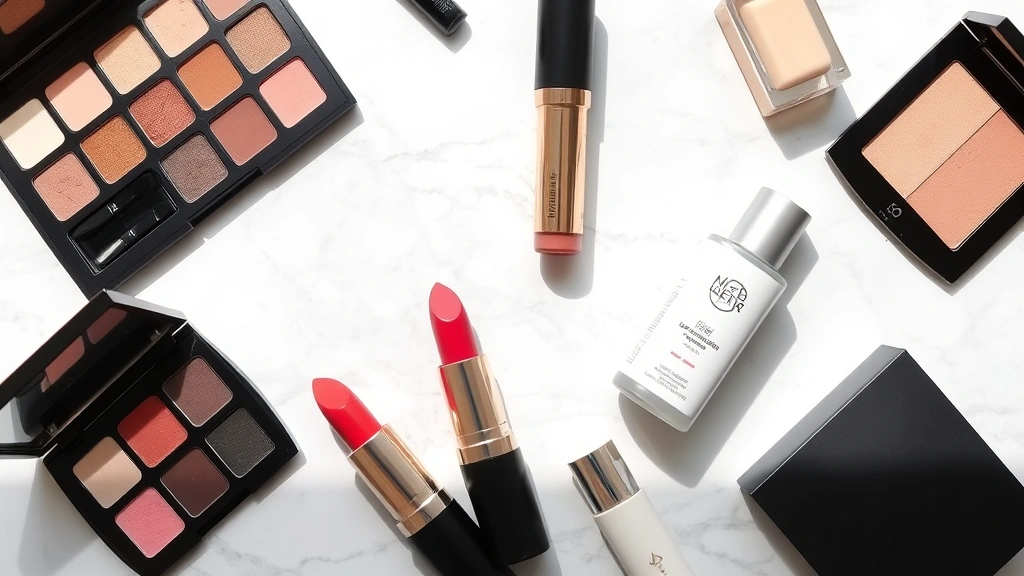 Flat lay arrangement of classic makeup products including neutral eyeshadow palettes, red lipstick tubes, cream blush compacts, and foundation bottles on a marble surface with natural light