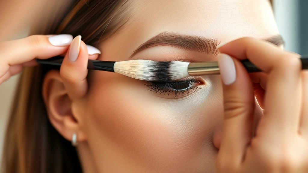 Professional makeup artist hands applying soft neutral eyeshadow with a blending brush to a model's eyelid, showing technique and precision in natural daylight