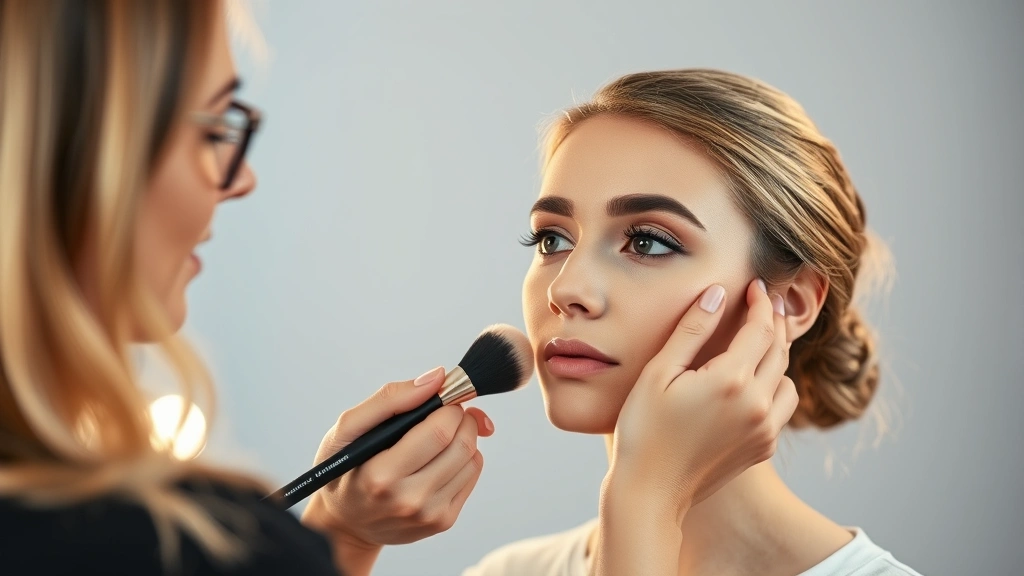 Makeup artist applying liquid foundation to a client's face using a professional brush, demonstrating precise application technique with warm studio lighting