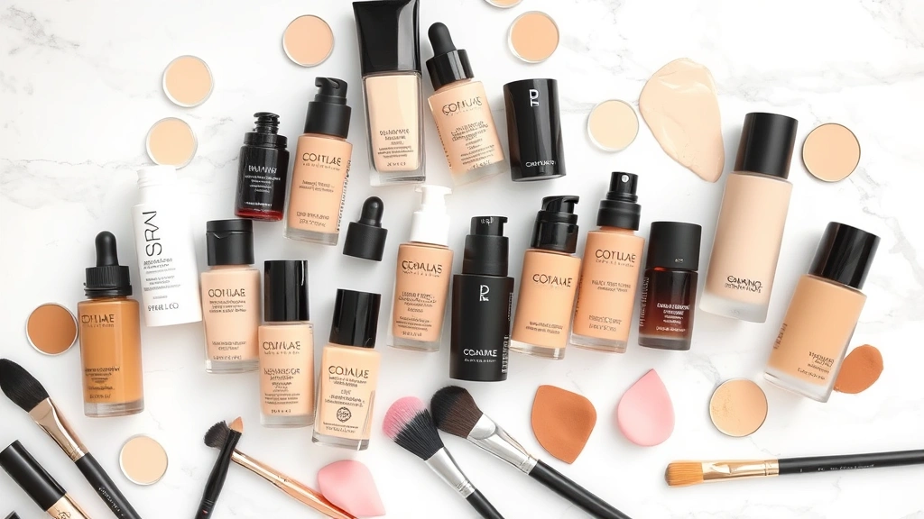 Array of diverse liquid foundation bottles and shades displayed on white marble surface with makeup brushes and beauty sponges, showing various undertones and finishes