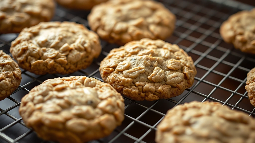 Close-up of fresh-baked old fashioned oatmeal cookies cooling on wire racks, golden brown edges with soft centers, warm lighting emphasizing texture and appetizing appearance