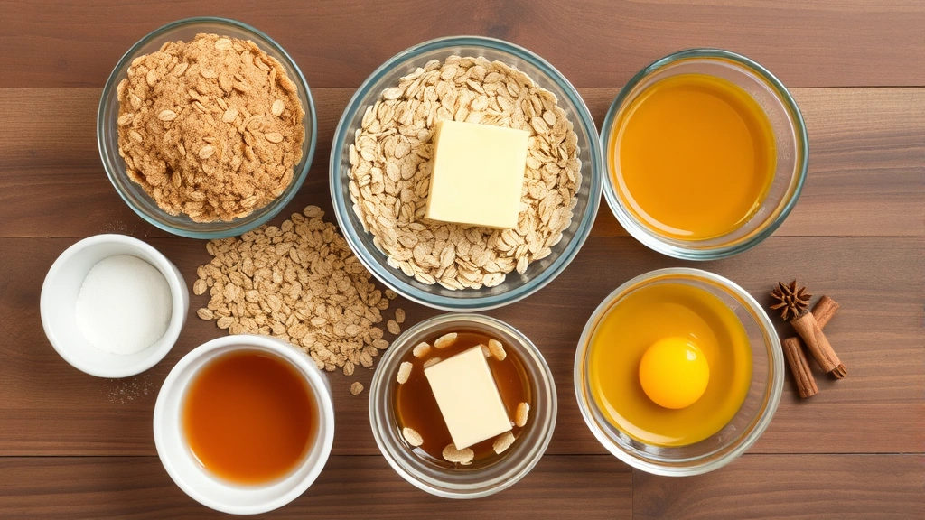 Overhead flat-lay of baking ingredients for oatmeal cookies: rolled oats, brown sugar, butter, eggs, vanilla extract, and spices in small bowls arranged artistically on wooden surface
