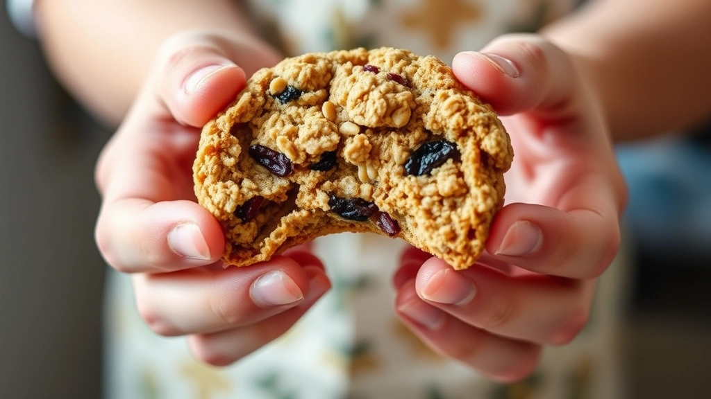 Baker's hands holding a warm oatmeal cookie showing the chewy, tender interior with visible oats and dried fruit, demonstrating perfect texture and doneness