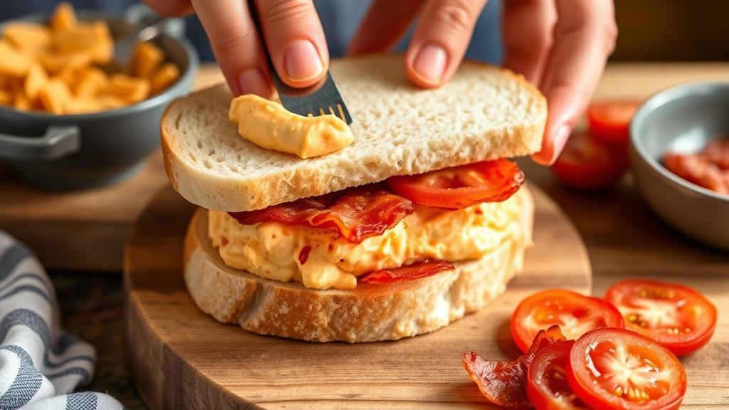 Hands spreading homemade pimento cheese onto white bread to make a classic Southern sandwich, with crispy bacon and fresh tomato slices visible nearby