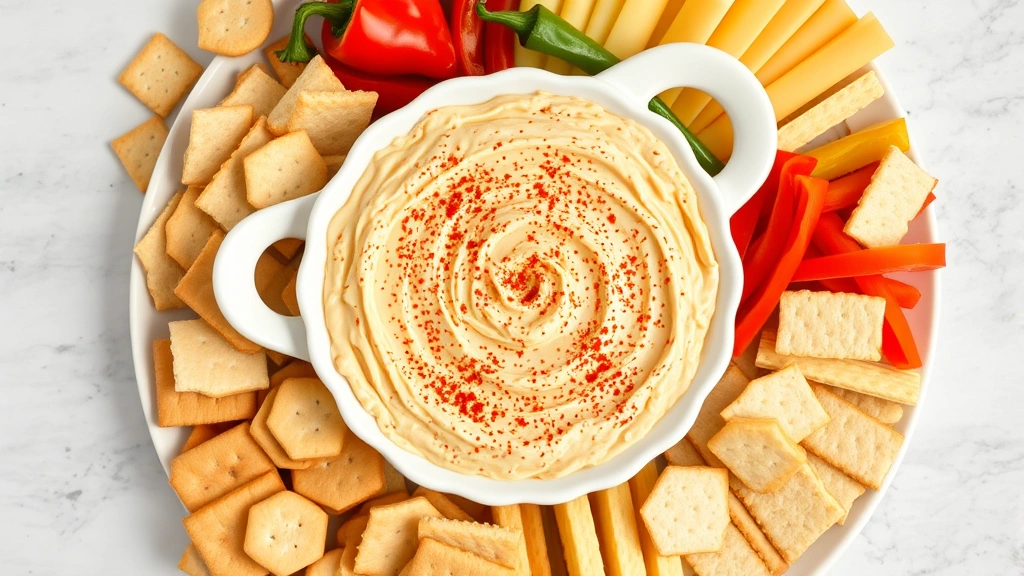 Overhead flat lay of pimento cheese dip in a decorative white serving dish garnished with paprika, surrounded by an assortment of crackers, breadsticks, and fresh bell pepper strips