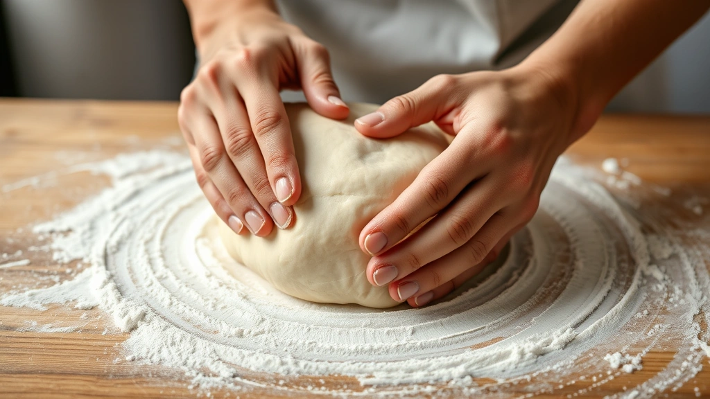 Hands kneading smooth elastic dough on floured surface, showing proper technique with visible gluten development and texture, natural kitchen lighting