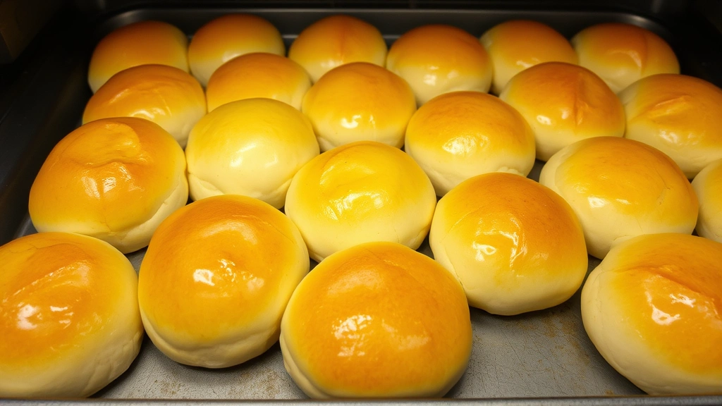 Freshly risen rolls in baking pan ready for oven, golden-brown tops with egg wash shine, arranged in neat rows, professional bakery presentation