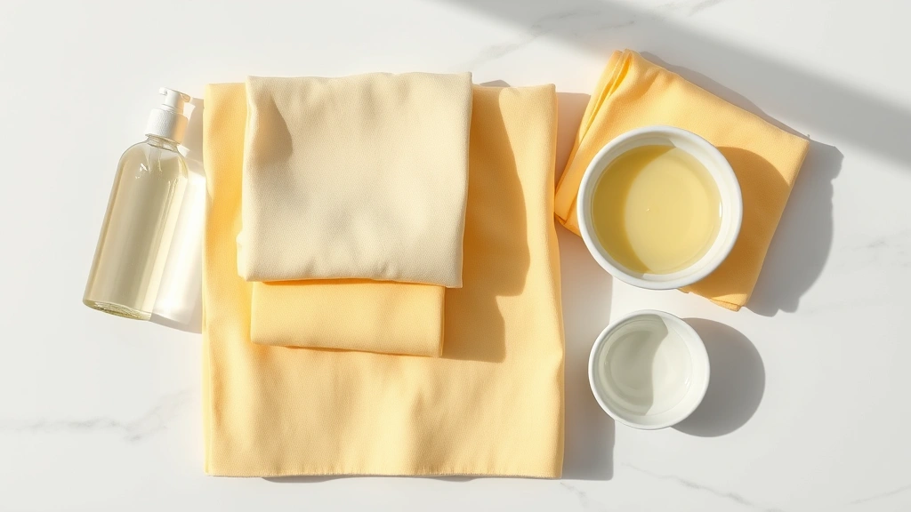 Flat lay arrangement of folded yellow cloths in various shades of cream and pale yellow on white marble surface, alongside a glass bottle of gentle cleanser and small bowl of lukewarm water, minimalist aesthetic, soft shadows