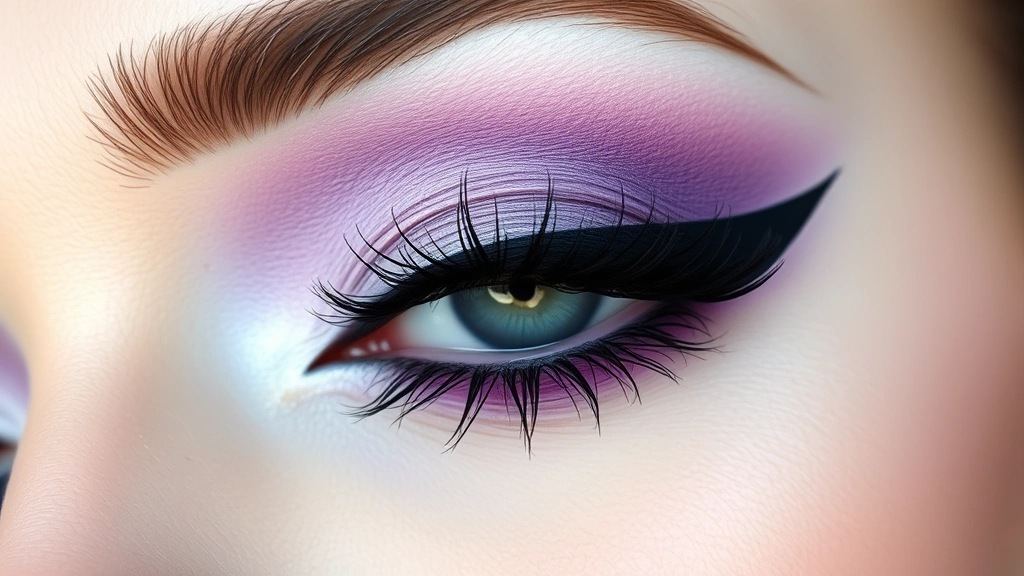Close-up of pastel goth eye makeup featuring lavender eyeshadow with black winged eyeliner, soft blending, and dramatic makeup look on light skin