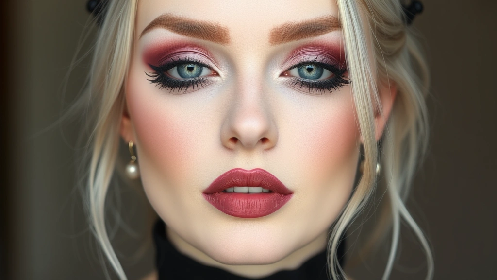 Full face pastel goth makeup application showing baby pink and dusty rose tones blended with deep plum crease, pale complexion, mauve lips