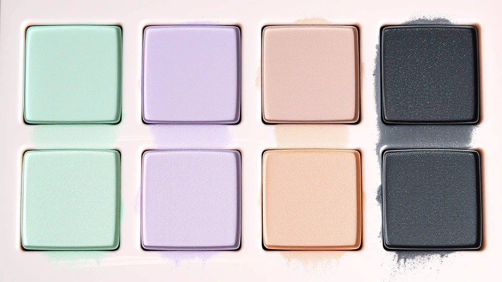 Detailed pastel goth eyeshadow palette swatches displaying mint green, lavender, soft peach, and charcoal shades with professional blending demonstration