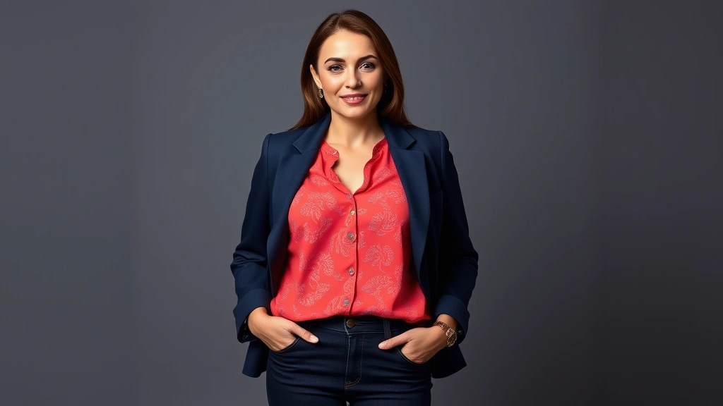 Woman wearing structured navy blazer with bright coral patterned blouse and dark straight-leg jeans, standing confidently with hands in pockets, professional studio lighting, natural makeup