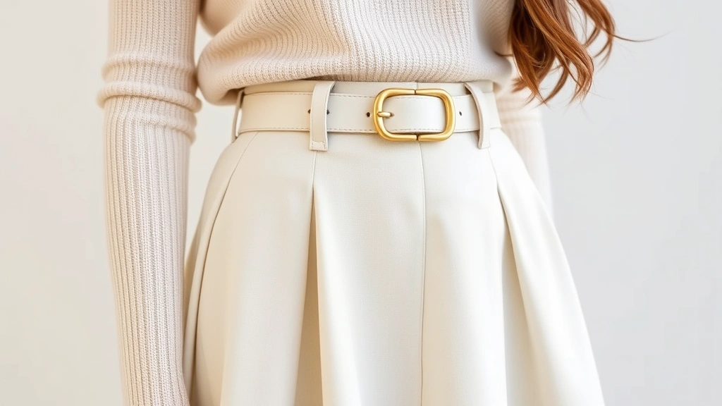 Close-up of woman in A-line midi skirt with fitted cream sweater and gold belt, showing how the silhouette skims hips and defines waist, soft natural lighting