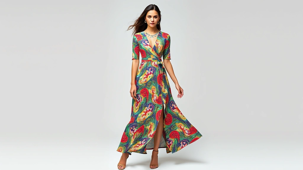 Woman wearing colorful patterned wrap dress with fitted bodice and flowing skirt, paired with heeled shoes and statement jewelry at neckline, fashion editorial style photography