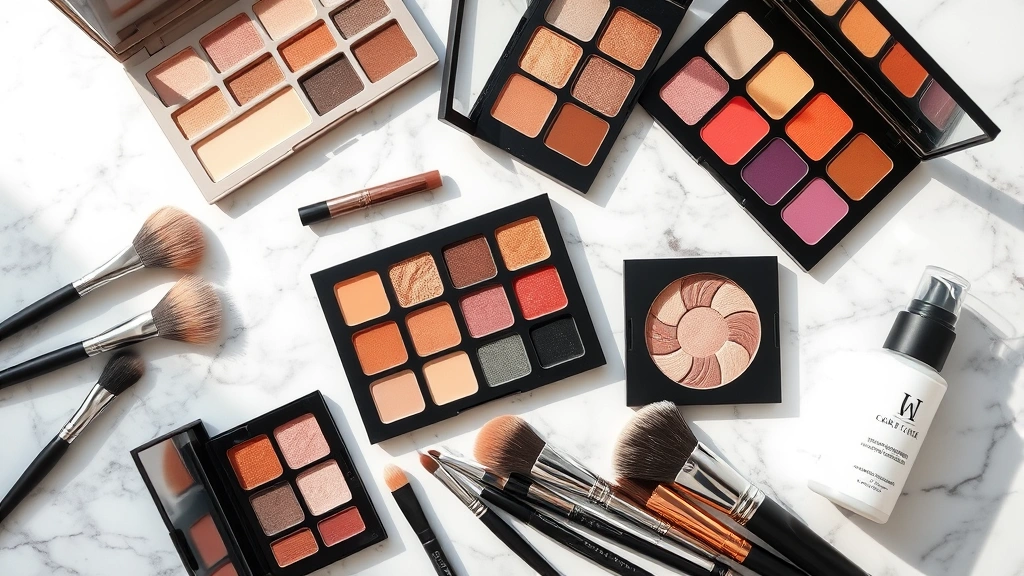 Overhead flat lay of an organized makeup collection featuring multiple colorful eyeshadow palettes, professional blending brushes with natural bristles, a primer tube, and setting spray bottle arranged artfully on a marble surface with soft natural lighting
