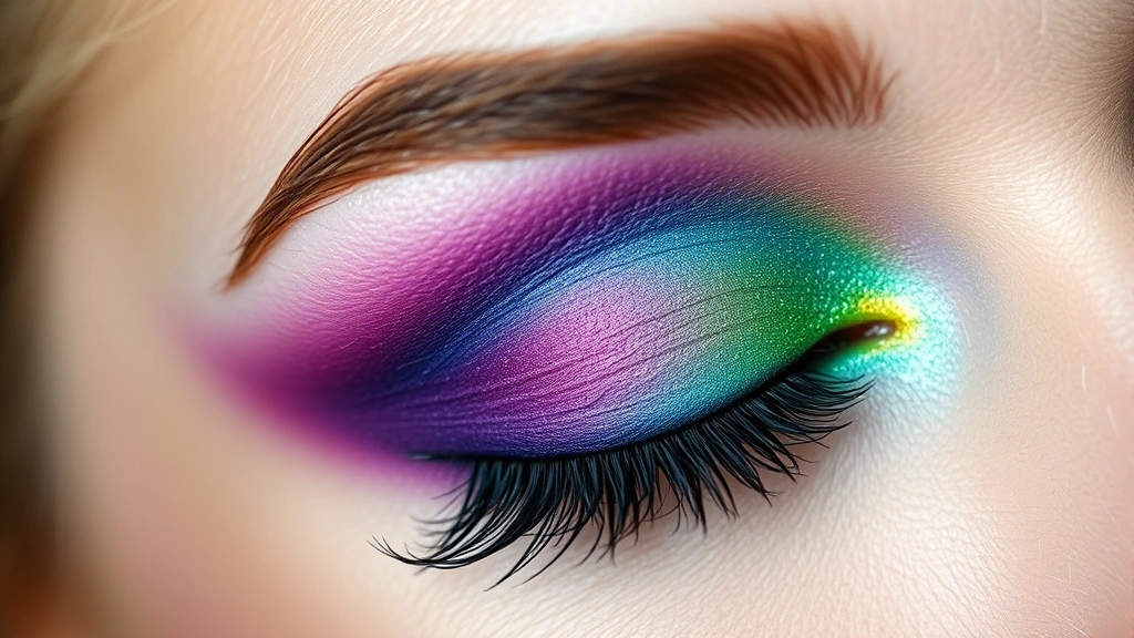 Beauty shot of a person's closed eye showcasing completed rainbow eyeshadow artwork with jewel-toned colors blending seamlessly from deep purple through blue and teal to emerald green, demonstrating professional blending technique and color harmony