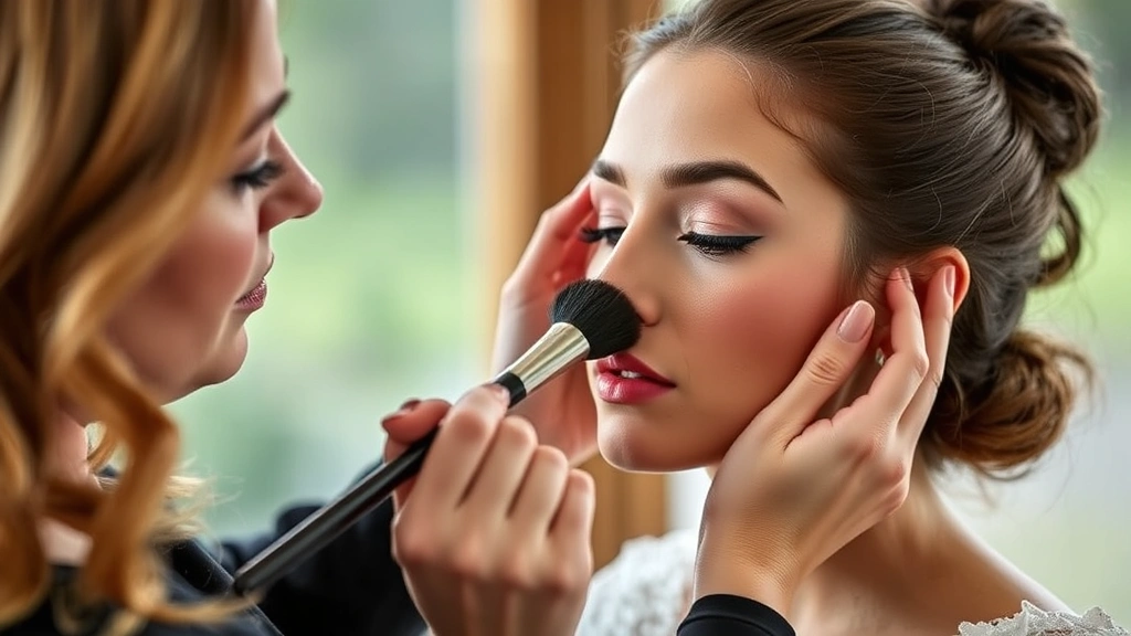 Professional makeup artist applying cream blush to a model's cheekbones with a brush, demonstrating Regency makeup application technique with soft, diffused lighting and natural background