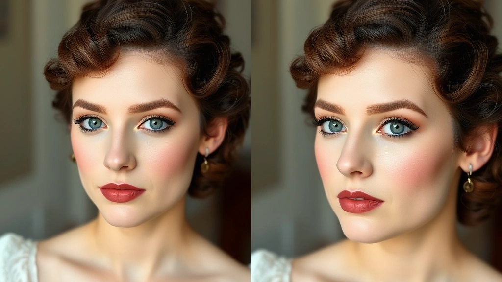 Finished Regency beauty look featuring pale base, subtle eye definition with soft brown eyeshadow, defined but natural eyebrows, and mauve-berry lip color on a model wearing period-appropriate hairstyle with curls framing face