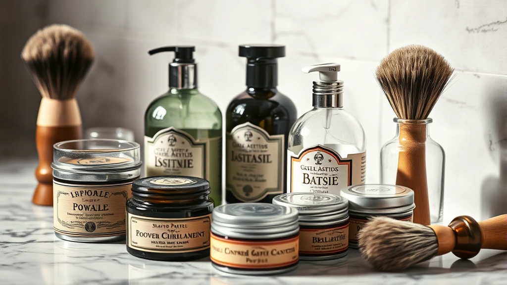 Close-up of 1920s male grooming products including pomade jars, brillantine bottles, powder containers, shaving cream, and brushes arranged artfully on marble surface, soft studio lighting