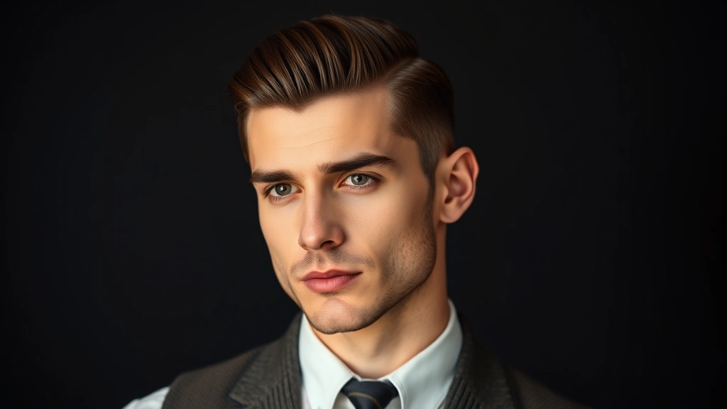 Handsome 1920s styled man with perfectly slicked-back hair, clean-shaven face, wearing period-appropriate clothing, demonstrating polished grooming aesthetic, professional portrait lighting, no visible makeup application