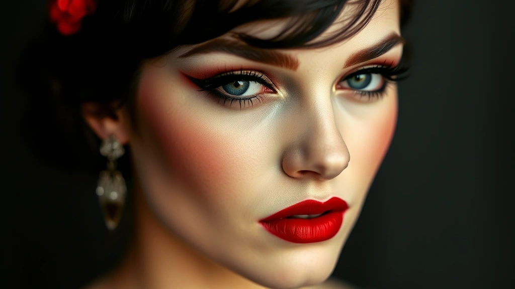 Full face 1920s flapper makeup look featuring thin high-arched brows, deep red cupid's bow lips, circular blush placement on cheekbones, matte porcelain skin, dark smoky eyes with defined crease