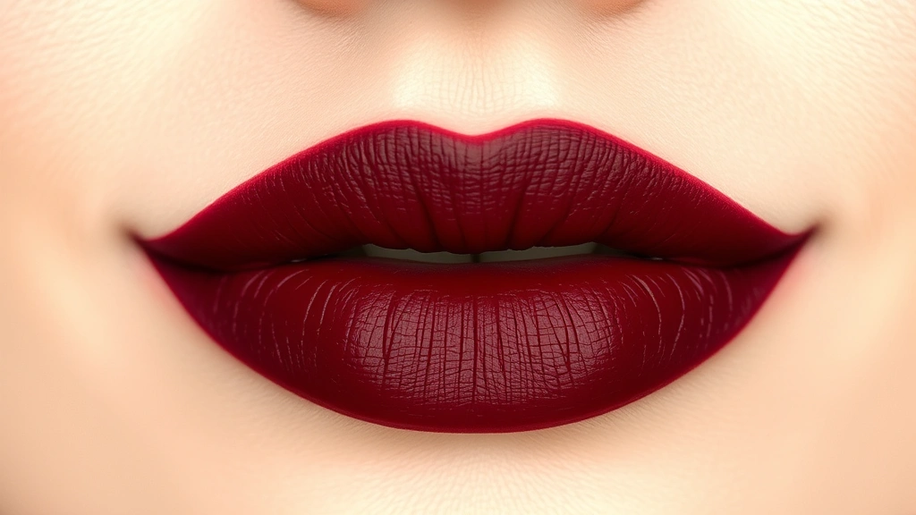Detailed shot of 1920s cupid's bow lip application showing precise heart-shaped lip line in deep burgundy or wine tone lipstick, sharp defined center point, matte finish on pale complexion