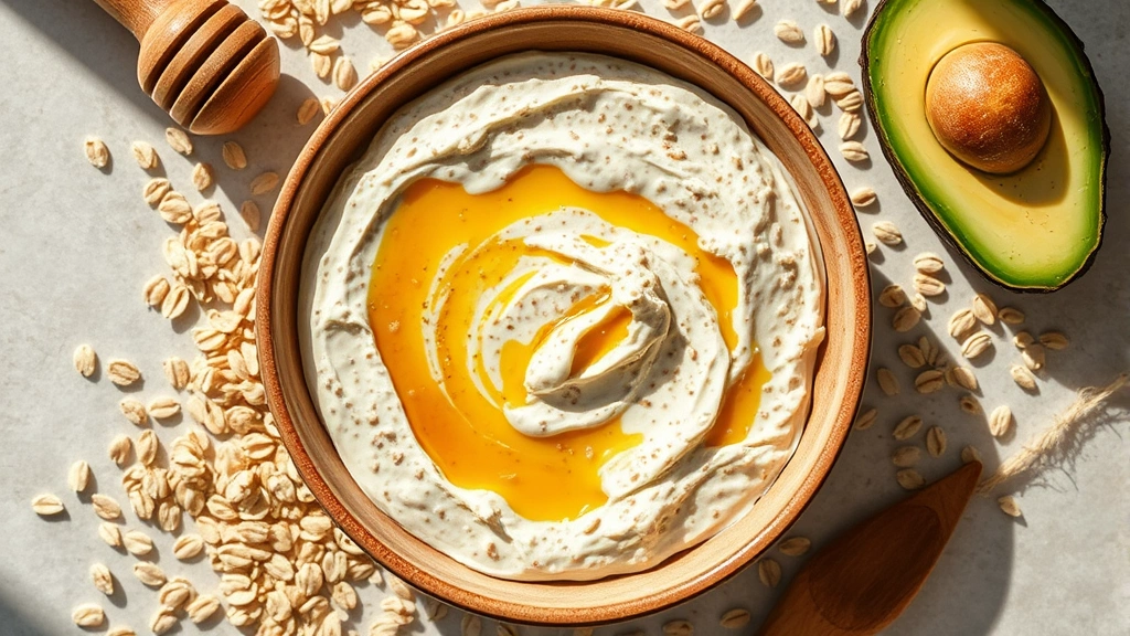 Overhead view of creamy oatmeal face mask in a ceramic bowl with scattered oat flakes, honey drizzle, and fresh ingredients like avocado and yogurt around it, warm natural sunlight