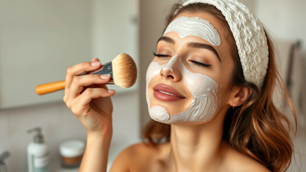 Woman applying luxurious oat-based skincare mask to her face with a brush, her skin looking radiant and refreshed, peaceful expression, bathroom setting with soft lighting and skincare products visible