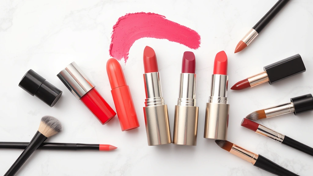 Flat lay of five different lipstick shades in vibrant colors arranged artfully on a marble surface with cosmetic brushes, professional product photography