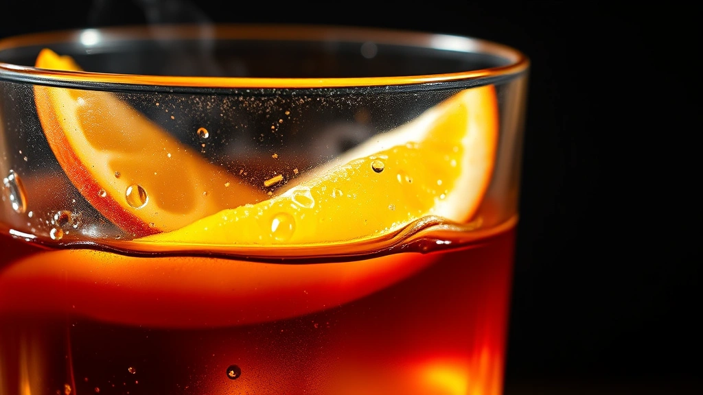 Close-up of freshly expressed orange peel oils creating visible sheen on dark rum cocktail surface, golden liquid, crystal glass, dramatic side lighting highlighting citrus spray