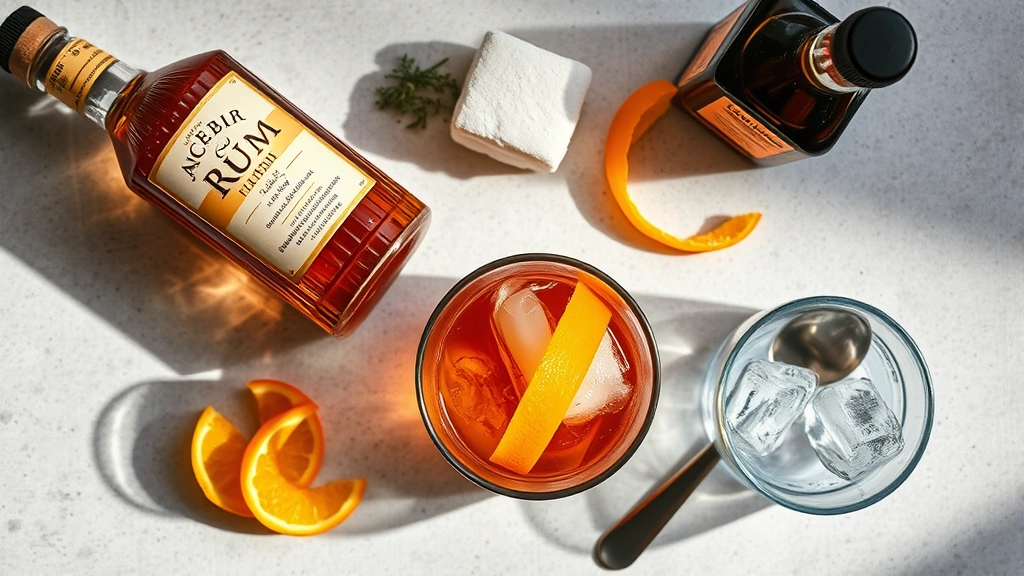 Overhead flat lay of rum old fashioned ingredients artfully arranged: aged rum bottle, sugar cube, aromatic bitters bottle, fresh orange peel, bar spoon, rocks glass with ice, natural light