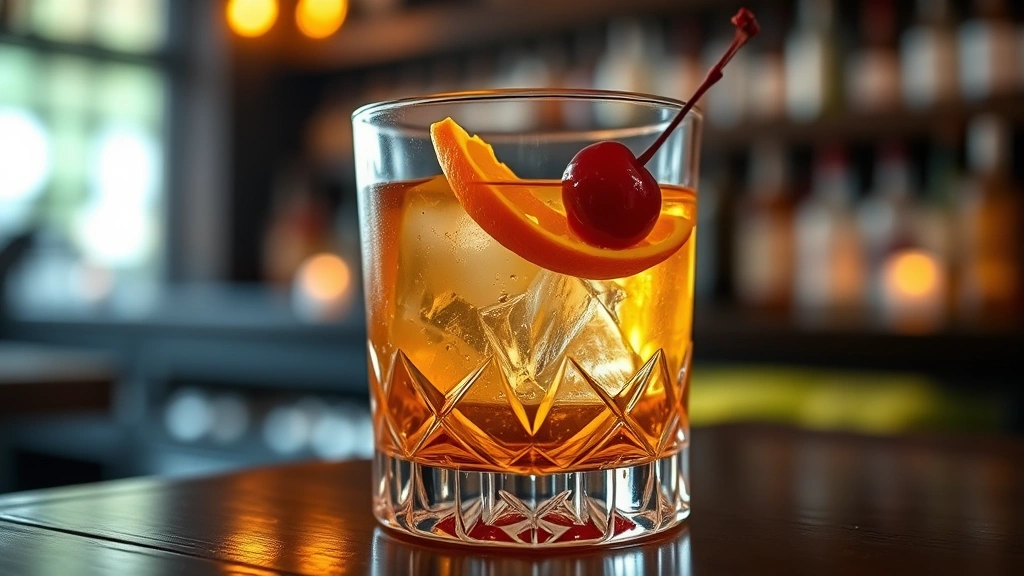 Finished rum old fashioned in crystal rocks glass with large hand-carved ice cube, orange peel garnish, luxardo cherry, warm ambient bar lighting, elegant presentation on dark wooden bar