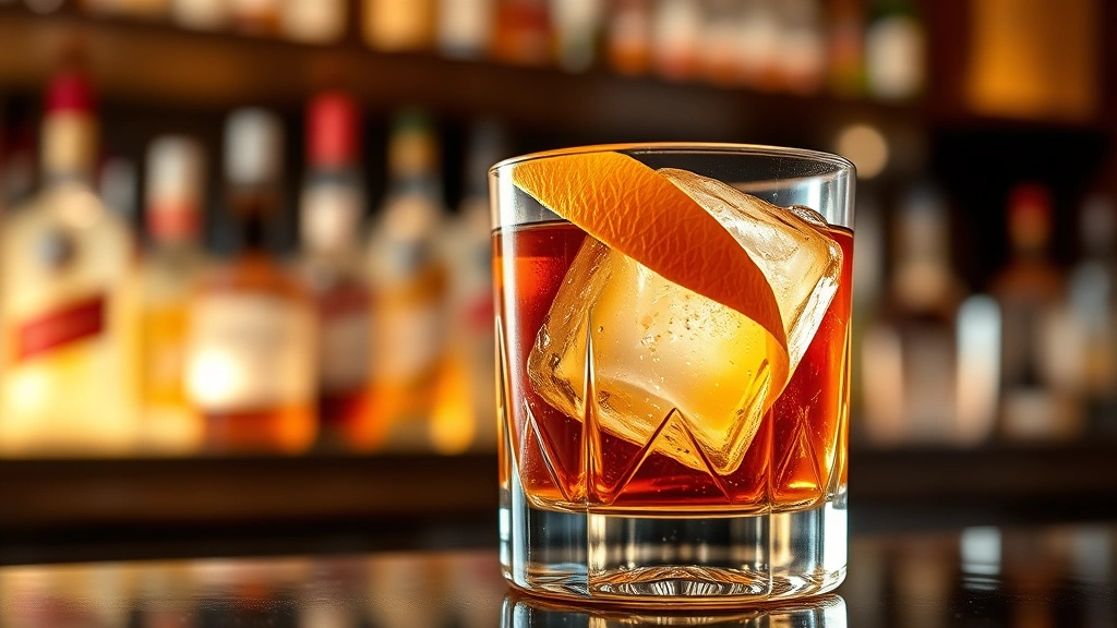 Finished rum old fashioned cocktail in rocks glass with large clear ice cube, expressed orange peel garnish, golden amber liquid catching light, elegant bar counter background, shallow depth of field