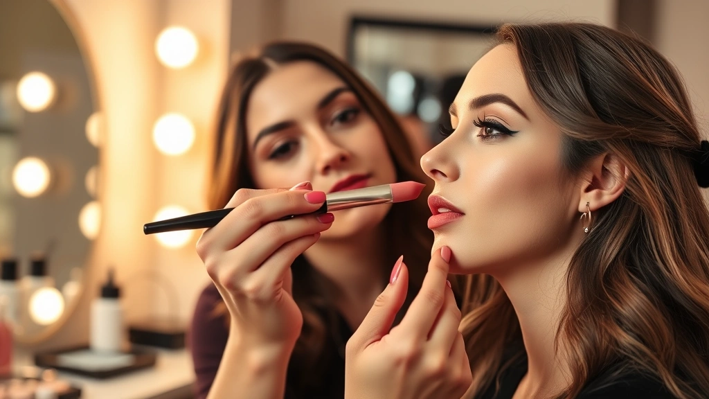 Makeup artist applying lipstick with precision brush to client's lips, professional beauty studio setting, warm lighting, showing technique and attention to detail