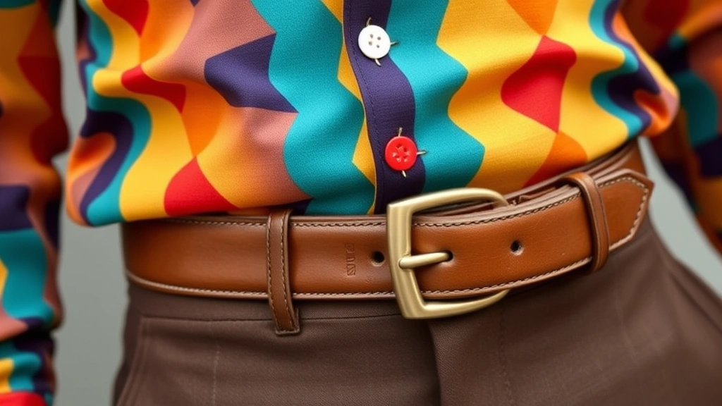 Close-up of authentic 1960s menswear details: a vibrant geometric patterned shirt with pointed collar, slim-fit trousers, and a quality leather belt with statement buckle, showcasing era-appropriate tailoring and color choices.